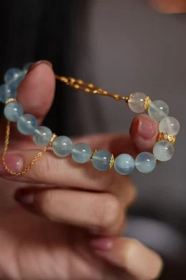 Браслет из серебра 925 пробы с синими бусинами аквамарином 9 мм 6,5 дюйма - Изображение 1 из 4