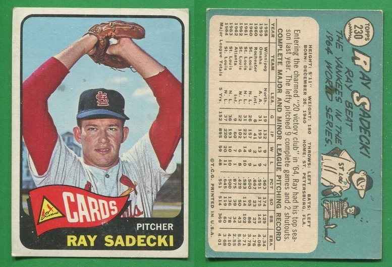 Béisbol Topps 1965 ~~~ Ray Sadecki ~~~ No. 230 ~~~ Envío/S GRATIS Foto 1 de 1