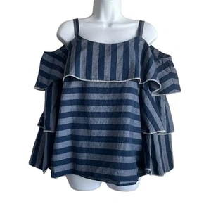 INC Women Top L Blue Monochromic Striped Tiered Flare Sleeve Ruffle Boho Girly - Picture 1 of 10