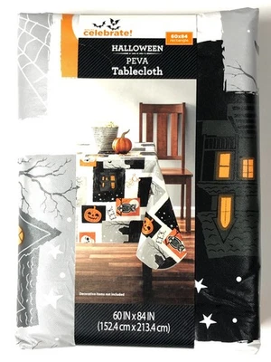 Halloween Pumpkin Owl Skull PEVA Vinyl Tablecloth 60"x84" Gray Black Orange New - Image 1 of 4