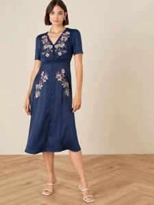 Monsoon bestickt Blumen Platzierung Jacquard Midi Kleid seidig blau UK Größe 16 - Bild 1 von 4