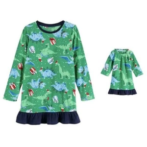 Girl's Christmas Holiday Dinosaur Fleece Nightgown with Doll Gown, Size 5/6 - Picture 1 of 1