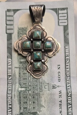VINTAGE NAVAJO - TÜRKIS ~ SS ~ KREUZ ~ ANHÄNGER ~ DEAN SANDOVAL - Bild 1 von 4