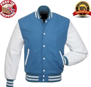 Sky Blue Light Blue Wool White Real Leather Arms Letterman Varsity Bomber Jacket - Picture 1 of 5