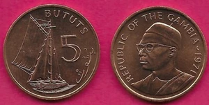 GAMBIA 5 BUTUTS 1971 UNC 1 YEAR TYPE,SAILING VESSEL,DENOMINATION AT RIGHT,PRESID - Picture 1 of 1