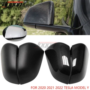 FOR 2020 2021 2022 TESLA MODEL Y CARBON FIBER SIDE MIRROR COVER CAP GLOSSY BLACK - Picture 1 of 10
