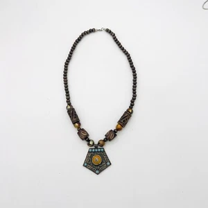 Beaded Necklace w/Metal and Turquoise Beaded Pendant 24" End to End - Picture 1 of 6