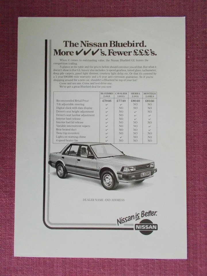 NISSAN BLUEBIRD A4 SIZED ADVERTISING PROOF BROCHURE (DB 13) - Image 1 of 1