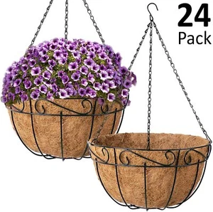 24PK Garden Flower Pot Plant Hanger Coco Coir Liner Metal Hanging Planter Basket - Picture 1 of 8