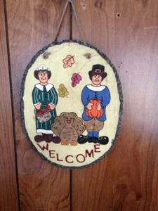 THANKSGIVING WELCOME SLATE TURKEY LEAVES PILGRIMS DOOR HANGING - Picture 1 of 3