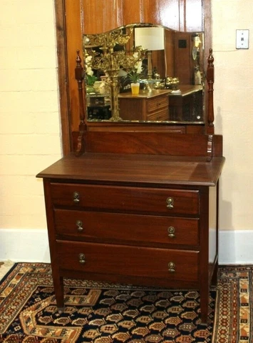 English Antique Mahogany Wood 3 Drawer Dresser | Bedroom Furniture Cover
