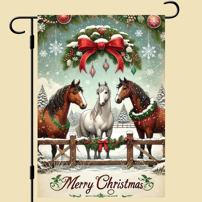 Feliz Navidad 12 X 18 Doble Cara Bienvenida Invierno Caballos Jardín Bandera Granja Decoración Foto 1 de 4