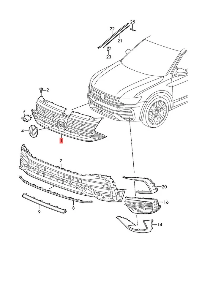 Rejilla de radiador completa genuina VW Tiguan Allspace BJ2 BW2 5N853651AEZLL Foto 1 de 1