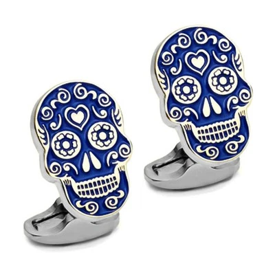 DAY OF THE DEAD CUFFLINKS Blue Enamel Sugar Skull Halloween Skeleton w GIFT BAG - Image 1 of 3