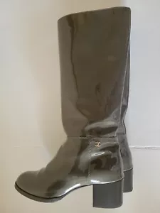 AUTHENTIC CHANEL DARK GRAY PATENT LEATHER CC LOGO SLIP ON TALL BOOTS 371/2 US7 - Picture 1 of 12