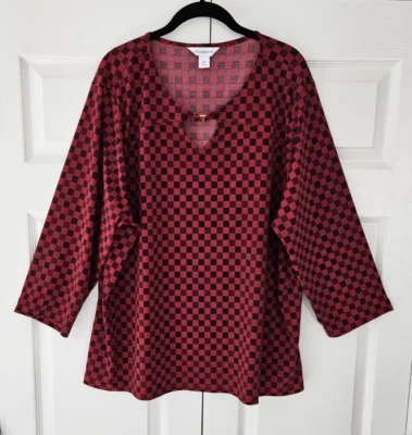 Blusa Top Pullover Liz Claiborne Mujer 2X Rojo Cuadros Mangas 3/4 Detalle Cuello Foto 1 de 4