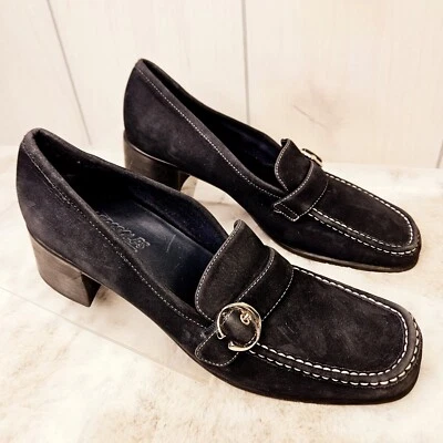 AEROSOLES Mujer 9M Negro Gamuza Cuero Mocasines Puntera Cuadrada Tacones Oficina Carrera Foto 1 de 4