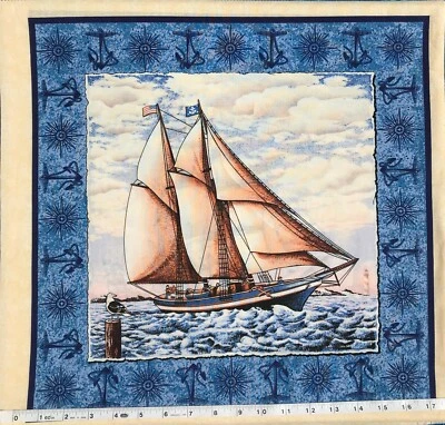 Velero - Panel de almohada puertos de llamada - Escena 1 de 2 tela de edredón - 1 panel Foto 1 de 3