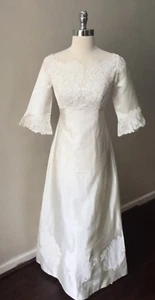 Mod Gogo Vintage 50s Spitze Hochzeit Lang Midi Braut Knopf Rücken Taft Kleid XXS - Bild 1 von 8