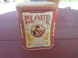 Vintage J. Banks & Co. FARINA Latta Agricoltori Finest Wheat Metal Cannister Inghilterra - Foto 1 di 2