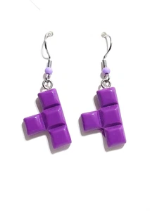 TETRIS inspired VIDEO GAME Puzzle Piece PURPLE "T" Shape Earrings RETRO 80s VTG - Picture 1 of 2