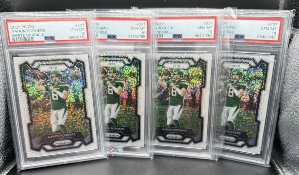 (4) 2023 Panini Prizm Aaron Rodgers White Sparkle SSP (4 of the 11 PSA 10 POP) - Image 1 of 3