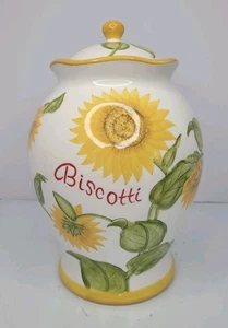 Vintage Yellow Sunflower Biscotti Ceramic Cookie Jar Handpainted 12" Tall W/Lid - Picture 1 of 21