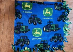 John Deere Tractor Fleece Blanket 43x50" Blue Green Fringe Lap Travel Blanket - Picture 1 of 6