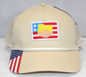 Tan Trump On American Flag Adjustable Hat 100% Polyester - Picture 1 of 5