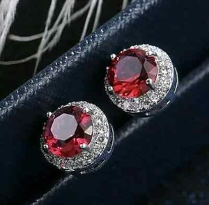 4.00 Ct Round Cut Natural Red Ruby & Diamond Stud Earrings Solid 14K White Gold - Picture 1 of 8