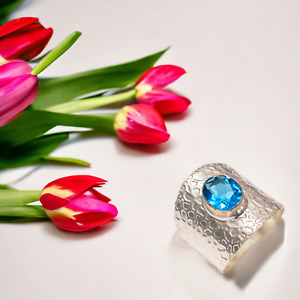 Swiss Blue Topaz Big Band Ring Size  Handcrafted Oxidized Partywear