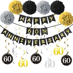 60th Anniversary Decorations Supplies Kit Gold Glitter Happy 60th Anniversary Ba - Picture 1 of 7