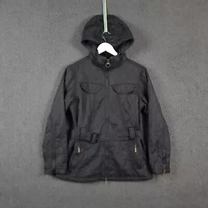 BARBOUR Jacket Womens UK 14 Black Quilted Parka Belted Full Zip Hooded Fleece - Picture 1 of 15