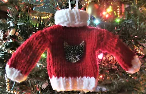 Knitted Christmas Sweater Ornament with a Seed Beaded Black Cat Handmade - Picture 1 of 3