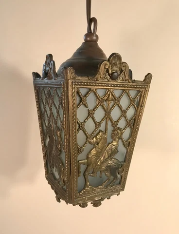 Vintage Cast Brass & Glass Pendant Lamp Knight on Horseback with Tilting Lance Cover