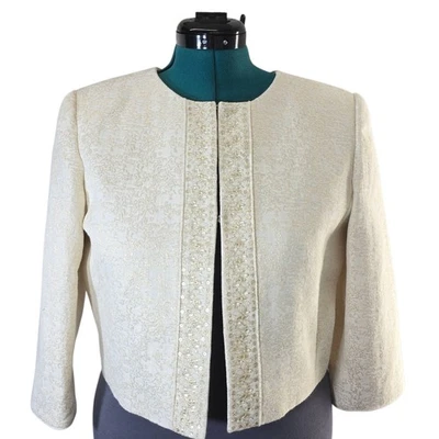 Jaqueta cropped Tahari Arthur S. Levine petite creme dourado lantejoulas metálicas 10P - Imagem 1 de 4