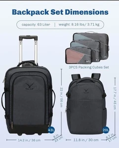 Hynes Eagle 2 in 1 Travel Backpack Carry on Luggage 63L Rolling Laptop Luggage - Picture 1 of 8