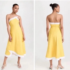 Staud Sarani Yellow Sunrise Kleid Trägerlos Größe 4 Gelb Maxi 100% Leinen Neu mit Etikett - Bild 1 von 18