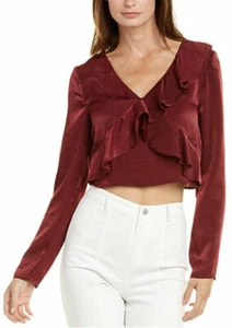 J.O.A. Womens Long Sleeve Dressy Crop Ruffle Top Red Wine Size Small - Picture 1 of 6
