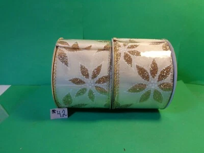 Christmas Ribbon w/Wire Sides 2.5"x 48ft. Gold Flower 2 x 24ft. = 2.5" x 48ft. - Image 1 of 4