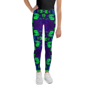 Youth Teenage Leggings - Night Glow Flowers - Cyberpunk Neon AMV3k - Picture 1 of 29
