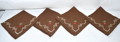 Vintage Brown Hand Embroidered Napkin Set of 4 9" - Image 1 of 2