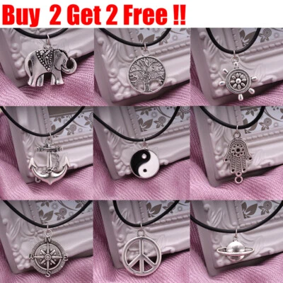 Women Lady Leather Cord Choker Charm Necklace Pendant Retro Hippy Tibetan Silver - Image 1 of 2
