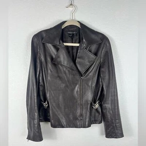 Lafayette 148 Leather Jacket Womens Moto Silver Buckles Zip Up Soft size 8 - Picture 1 of 11
