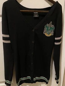 Harry Potter Cardigan Sweater Women's Medium Black Slytherin Button Shield Logo - Picture 1 of 7
