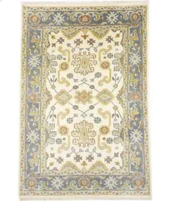 Cream Hand-Knotted Floral Oushak Chobi Rug Oriental Bathroom Decor Carpet 4X6 ft - Image 1 of 4