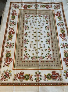 Vintage Tablecloth Fall Flowers Floral Plates Pitcher Yellow Red 60s 70s - Picture 1 of 5