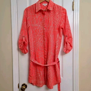 Calvin Klein Womens Button Down Shirt Dress Waist Tie Coral Pink Abstract Size 6 - Picture 1 of 14