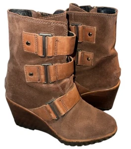 Sorel After Hours Suede Bootie Brown Wedge Women's Size 6 - Picture 1 of 8