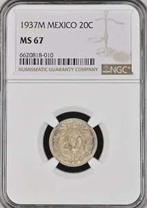 1937 M Mexico 20 Centavos NGC MS67 .720 Silver KM#438 Low Pop None Higher 4/0 BU - Picture 1 of 2